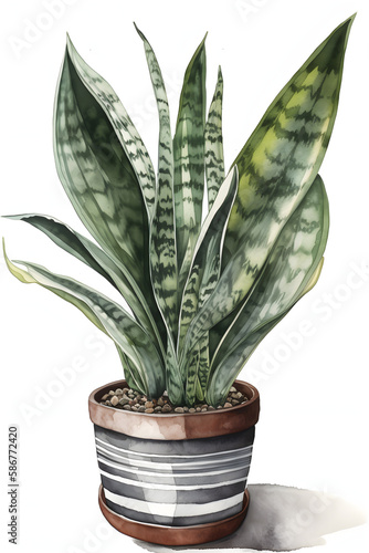 Botanical Watercolor of Snake Plant in a Pot for Natural and Serene Home Atmosphere. Generative AI.