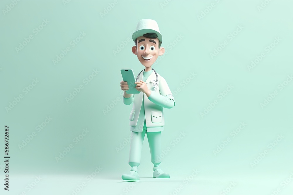 Male nurse holding a phone in green clothes Male nurse holding a phone in green clothes