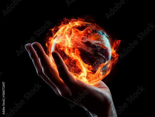 the earth is on fire with flames, held in a hand,  viewed from space photo