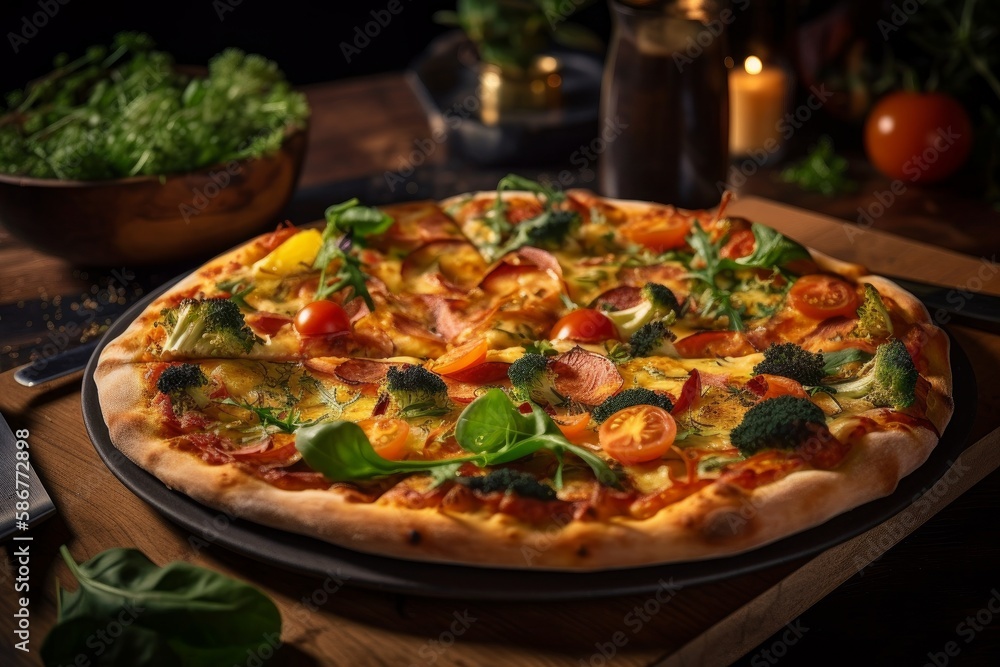A presentation of pizza, restaurant background. Generative AI. 