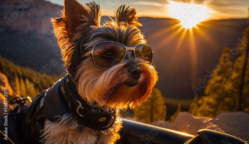 Yorkie with Sun Glasses on Motorcycle  photo