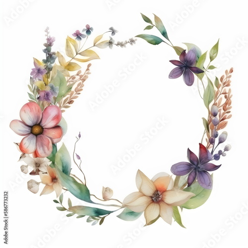 watercolor floral wreath border on white background  made with generative ai
