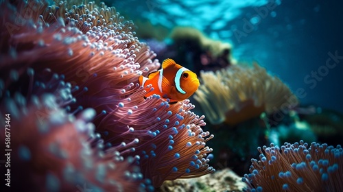 Print op canvas vibrant clownfish coral reef