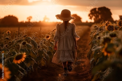 cute child girl from the back with a dress walking on a small dirt road in the middle of a field of sunflowers sunrise sun inspire