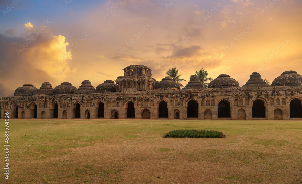 Elephant stable medieval architecture at Hampi Karnataka at sunset