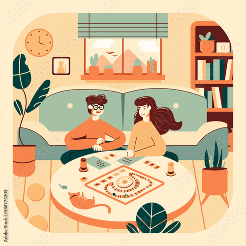 Ilustração vetorial de casal jogando jogo de tabuleiro em sala aconchegante com gato, ideal para projetos de publicidade para bebidas, lazer, design de interiores, mobiliário e decoração para o lar. photo