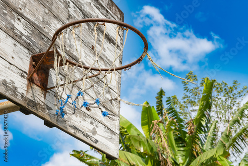 angle view basketball hoop and board under the blue sky horizontal composition