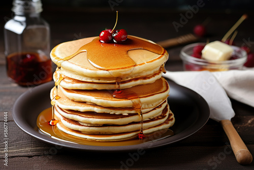 A stack of pancakes with raspberries on top Generative AI