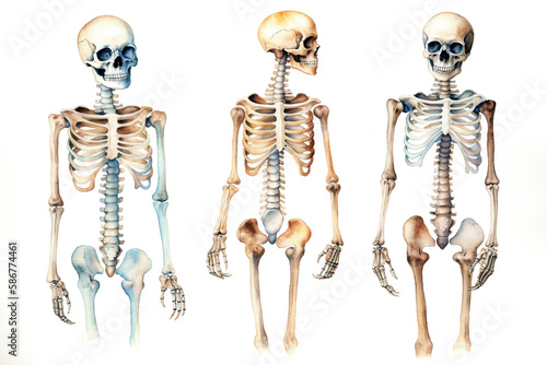 Three skeletons standing isolated on a white background Generative AI