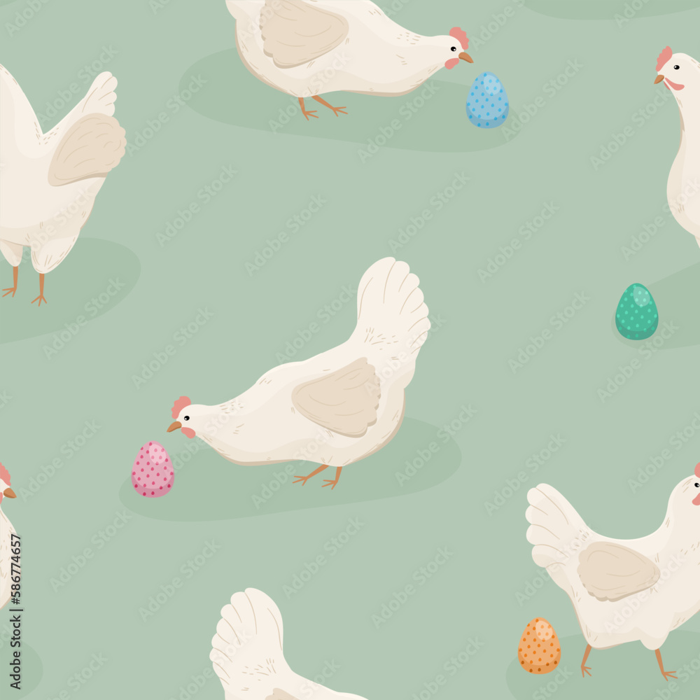 Kura i kolorowe jajka wielkanocne. Świąteczny wielkanocny wzór. Kurczaki i pisanki. Ilustracja wektorowa. - obrazy, fototapety, plakaty 