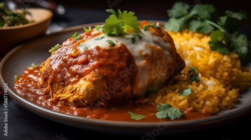 Spicy and cheesy chile relleno with rice and beans - Generative Art