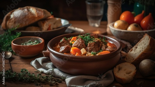 a bowl of beef stew on a wooden table - Generative Art