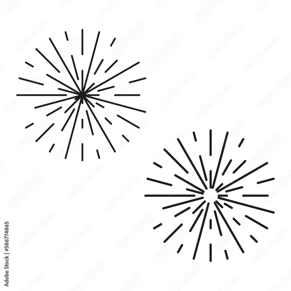 Obraz premium Radial radiating beam ray lines. Starburst, sunburst lineal element, icon. Glint, gleam, aurora effect. Vector illustration. 