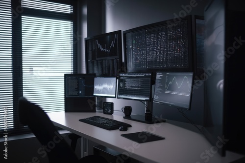 Photo of modern office with lots of computer screens, nobody. High quality generative ai © MVProductions