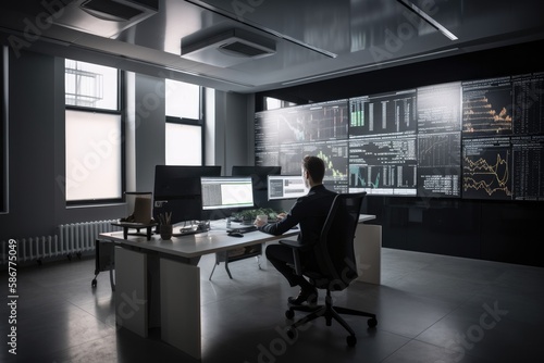 Photo of modern office with lots of computer screens and one person working. High quality generative ai