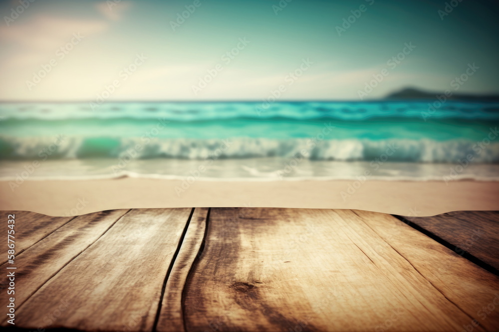 Wooden board with blur beach and sea Wooden board with blur beach and sea