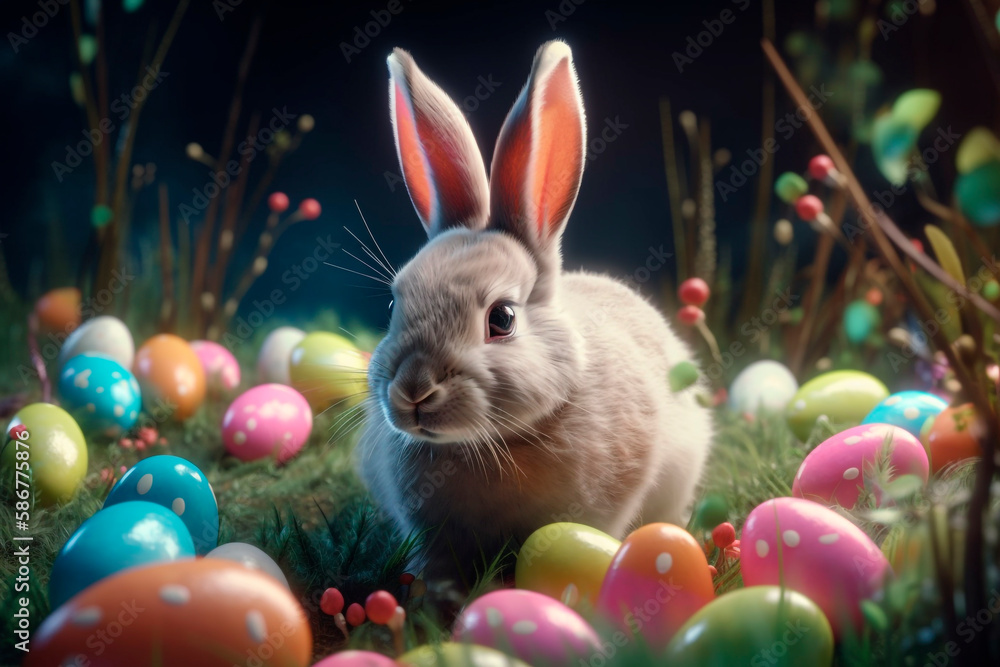 Cute and happy bunny with many easter eggs, Background with grass, festive background, generative ai Cute and happy bunny with many easter eggs, Background with grass, festive background, generative ai