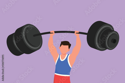 Graphic flat design drawing bodybuilder fitness model with barbell. Fitness logo badge with muscle man, gymnastic, body build. Athletic sportsman lifting up dumbbell. Cartoon style vector illustration