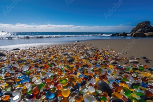 Colorful shining vibrant glass pebbles on beach, generative AI