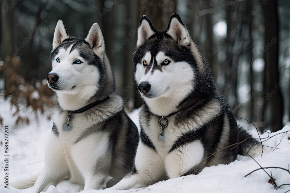 huskies sitting outside in the snow, generative AI