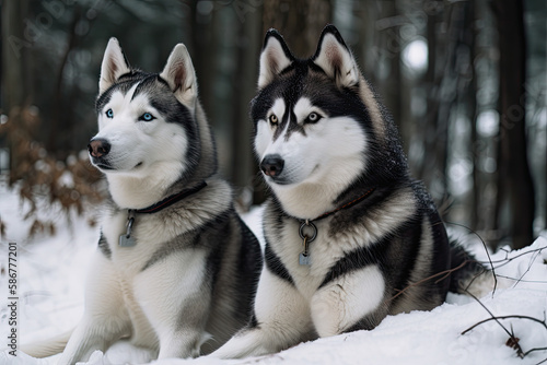 huskies sitting outside in the snow  generative AI