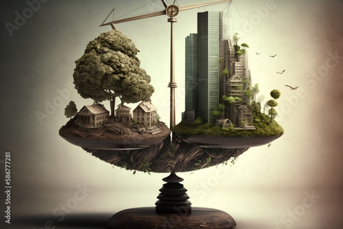 Balance between nature and industrial development, scale with tree and buildings, climate justice, climate change photo