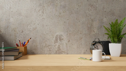 Fototapeta Naklejka Na Ścianę i Meble -  A wooden desk in front of a concrete wall with a small potted plant, a coffee mug, a clock, and a book. 3d rendering