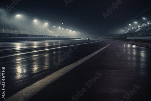 Empty international racetrack at night, as seen from the race car, blurred in motion. A dark and stormy night. High quality generative ai. photo