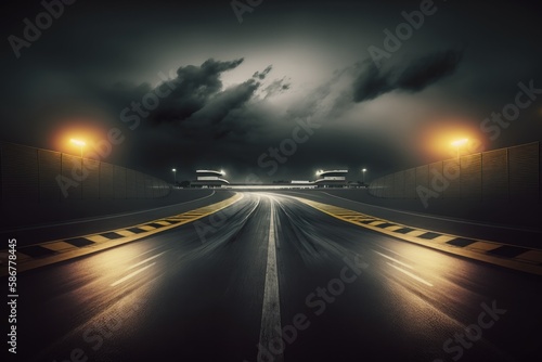 Empty international racetrack at night, as seen from the race car, blurred in motion. A dark and stormy night. High quality generative ai.