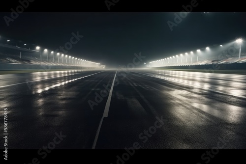 Empty international racetrack at night, as seen from the race car, blurred in motion. A dark and stormy night. High quality generative ai. © MVProductions