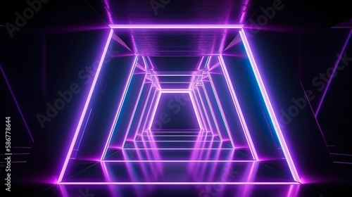 3D rendering of an abstract, futuristic background featuring neon lights and glowing lines. A square tunnel and a long corridor illuminated by ultraviolet neon lights