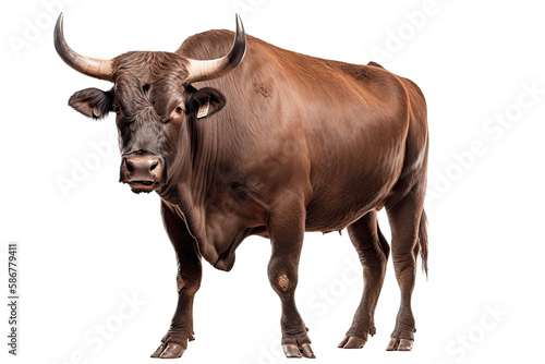 an isolated Brown Bull cow side view strong and muscular, farm-themed photorealistic illustration on a transparent background cutout in PNG. Generative ai