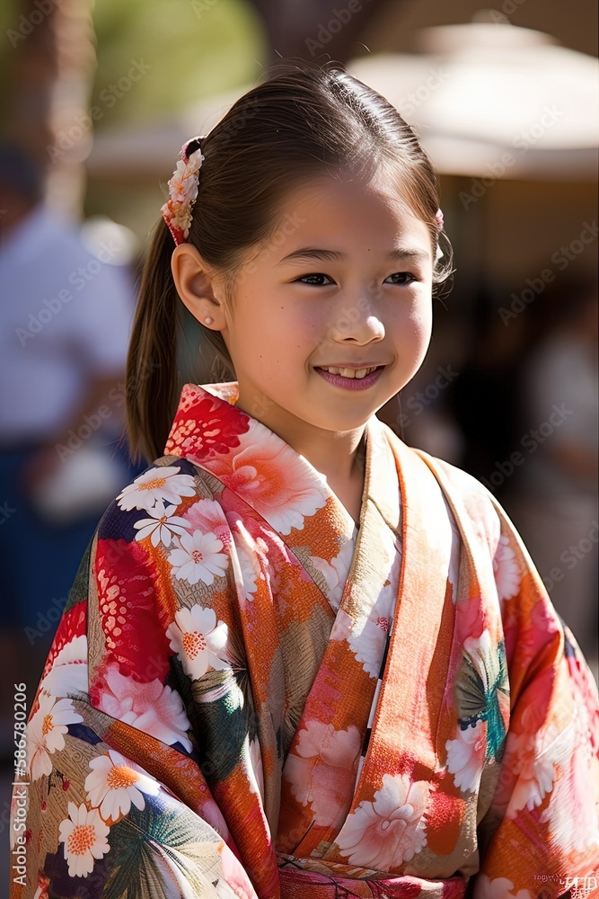little Japanese girl in kimono at a festival smiling, Generative AI