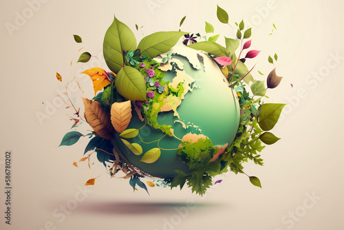 Earth surrounded with nature, leafs, simple background, eco-friendly , green development of earth