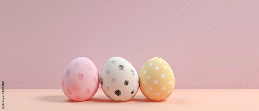 Easter egg Banner, colorful eggs in the Easter festive every April. Pastel color background. Vector illustration. 3D render of Generative AI. 21:9 ratio (2:1) can be header of website.