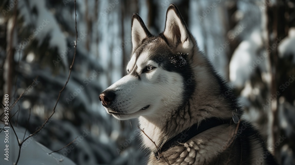 Portrait of a Siberian Husky dog in the winter forest.Generative Ai Portrait of a Siberian Husky dog in the winter forest.Generative Ai