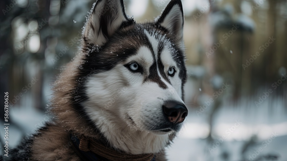 Portrait of a Siberian Husky dog in the winter forest.Generative Ai Portrait of a Siberian Husky dog in the winter forest.Generative Ai