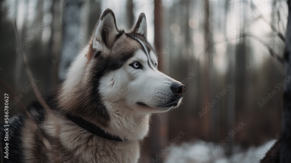 Portrait of a Siberian Husky dog in the winter forest.Generative Ai Portrait of a Siberian Husky dog in the winter forest.Generative Ai