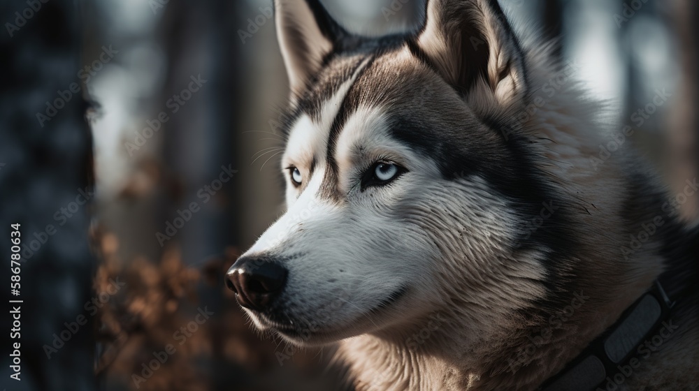 Portrait of a Siberian Husky dog in the winter forest.Generative Ai