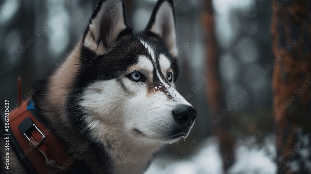 Obraz premium Portrait of a Siberian Husky dog in the winter forest.Generative Ai