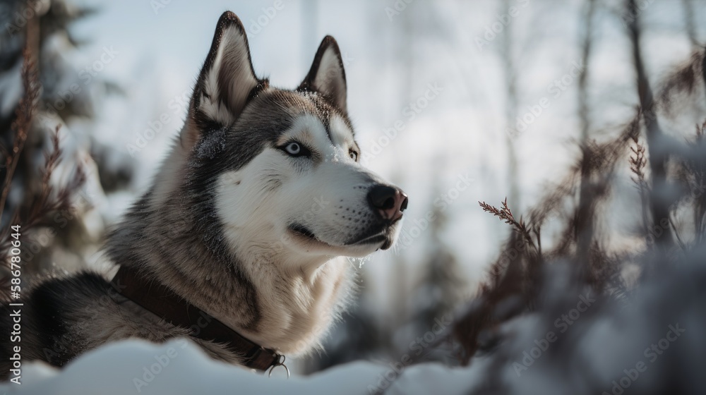 Portrait of a Siberian Husky dog in the winter forest.Generative Ai Portrait of a Siberian Husky dog in the winter forest.Generative Ai
