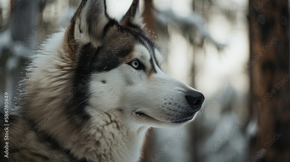 Portrait of a Siberian Husky dog in the winter forest.Generative Ai