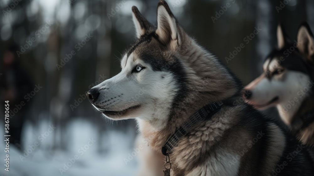 Portrait of a Siberian Husky dog in the winter forest.Generative Ai