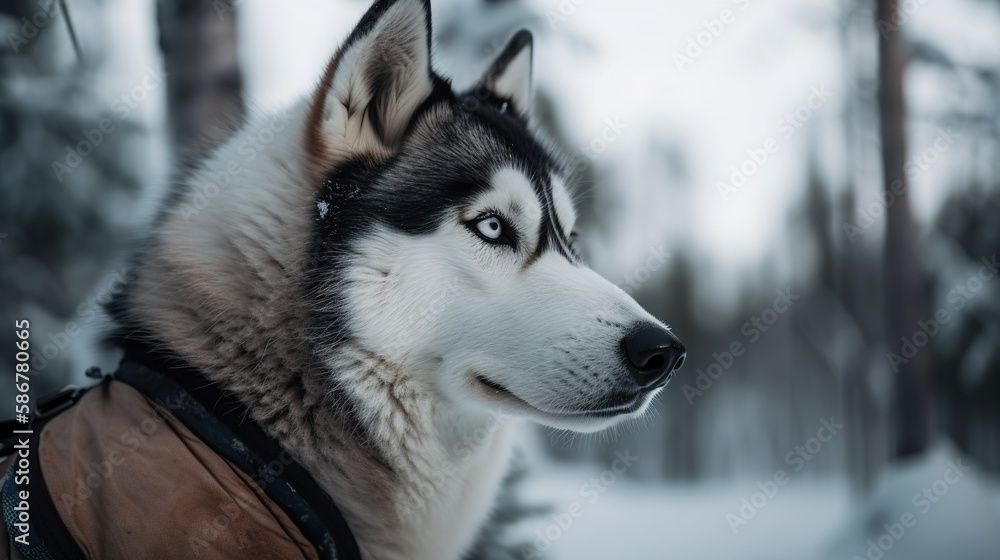 Portrait of a Siberian Husky dog in the winter forest.Generative Ai Portrait of a Siberian Husky dog in the winter forest.Generative Ai