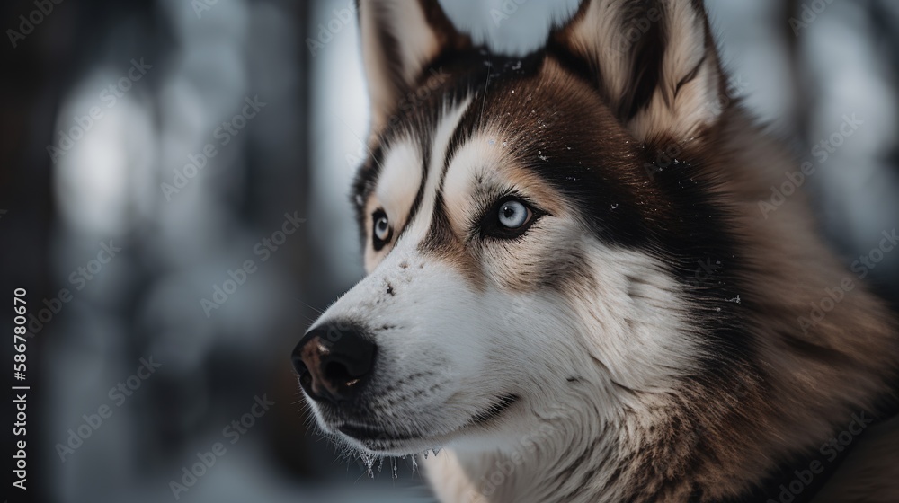 Portrait of a Siberian Husky dog in the winter forest.Generative Ai Portrait of a Siberian Husky dog in the winter forest.Generative Ai