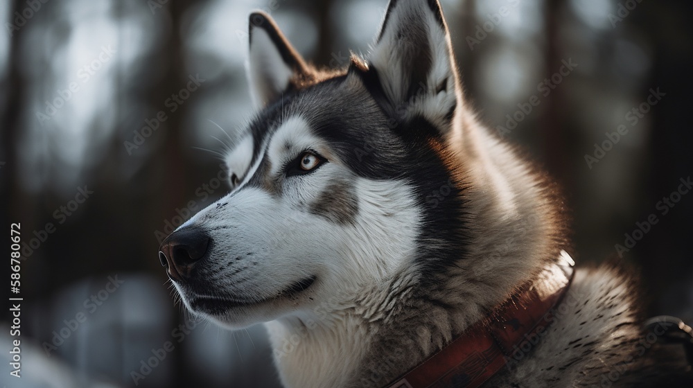 Portrait of a Siberian Husky dog in the winter forest.Generative Ai Portrait of a Siberian Husky dog in the winter forest.Generative Ai