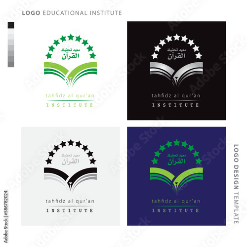 Online education, school, academy logo with stars from opened book. Learning, study, knowledge icon. Institute, college, library, courses logo.