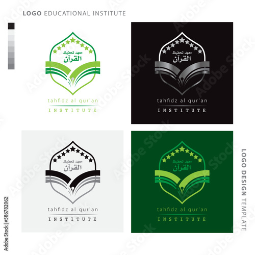 Online education, school, academy logo with stars from opened book. Learning, study, knowledge icon. Institute, college, library, courses logo.