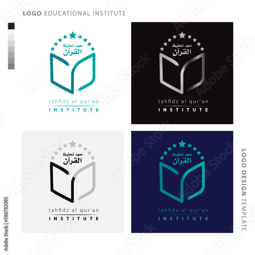 Online education, school, academy logo with stars from opened book. Learning, study, knowledge icon. Institute, college, library, courses logo.