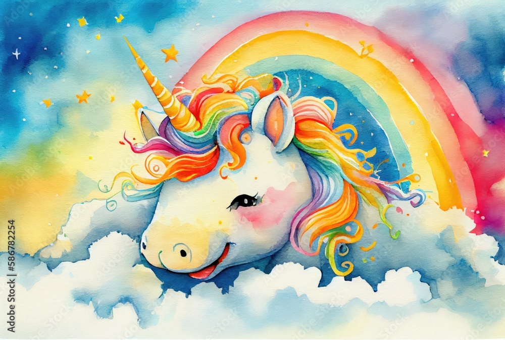 White unicorn is stepping up the stairs to reach the top of success on ...